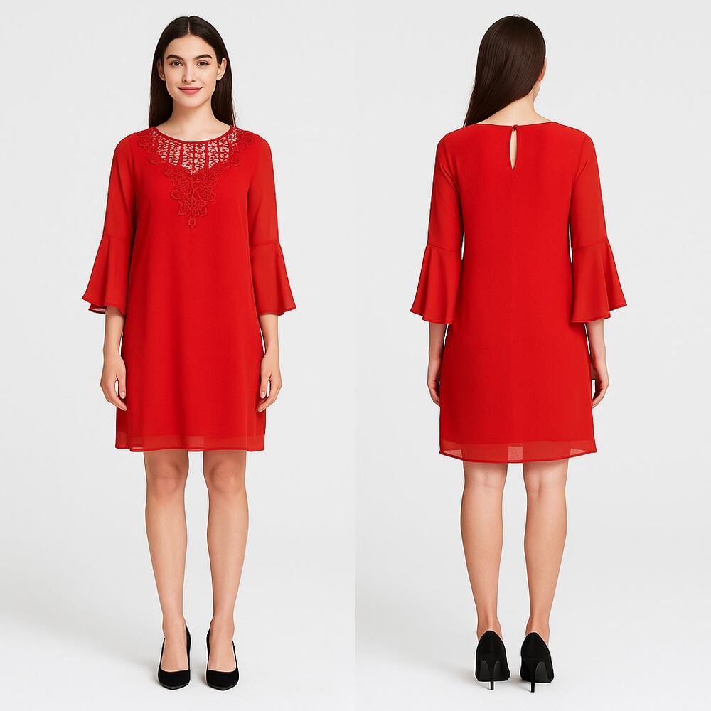 by&by Dress Womens Small Red Lace Bell Sleeve Lined Shift Chiffon Dress Coquette